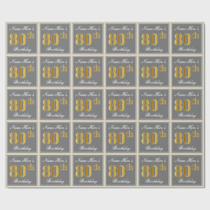 Elegant, Grey, Faux Gold 80th Birthday + Name Wrapping Paper