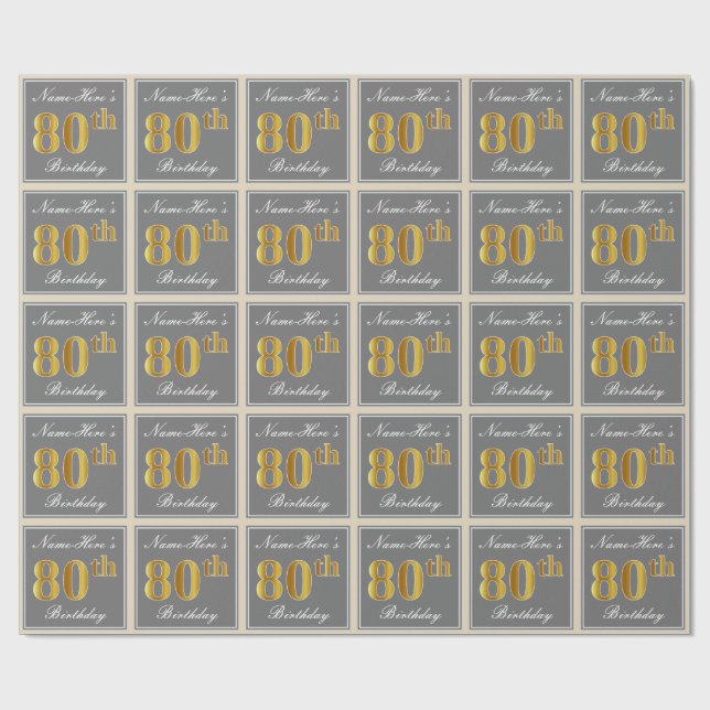 Elegant, Grey, Faux Gold 80th Birthday + Name Wrapping Paper (Flat)