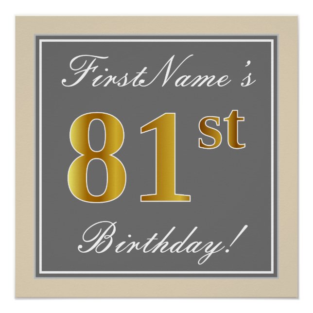 Elegant, Grey, Faux Gold 81st Birthday + Name Poster (Front)
