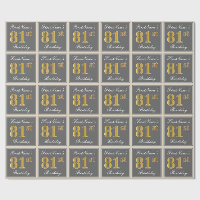 Elegant, Grey, Faux Gold 81st Birthday + Name Wrapping Paper (Flat)