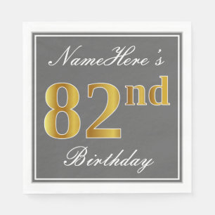Elegant Grey, Faux Gold 82nd Birthday; Custom Name Napkin