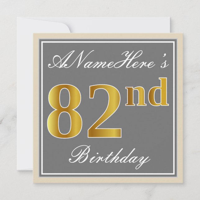 Elegant, Grey, Faux Gold 82nd Birthday + Name Invitation (Front)