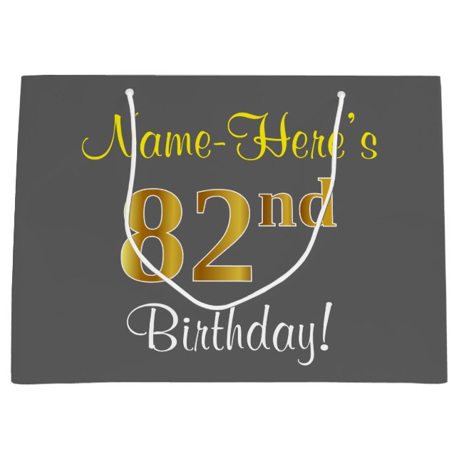 Elegant, Grey, Faux Gold 82nd Birthday + Name Large Gift Bag (Front)