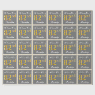 Elegant, Grey, Faux Gold 82nd Birthday + Name Wrapping Paper