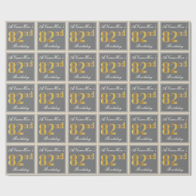 Elegant, Grey, Faux Gold 82nd Birthday + Name Wrapping Paper (Flat)