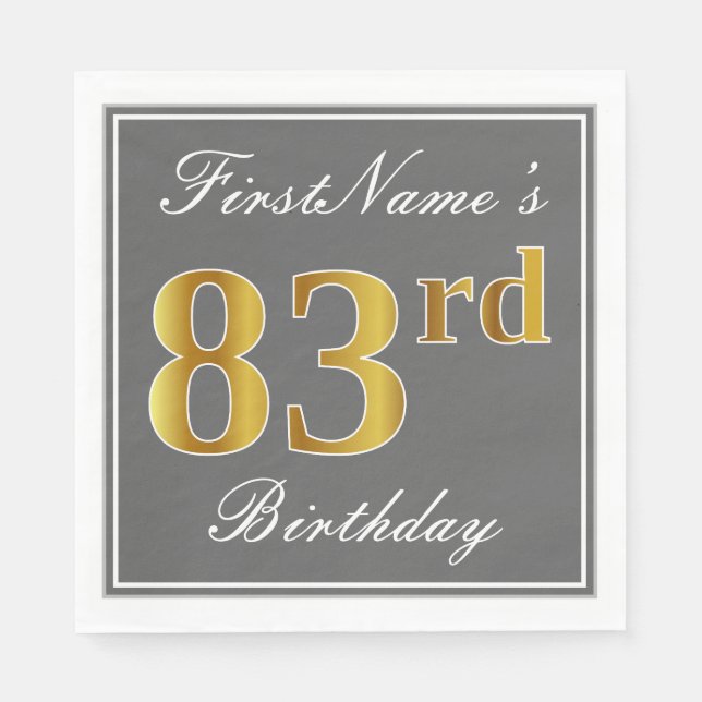 Elegant Grey, Faux Gold 83rd Birthday; Custom Name Napkin (Front)