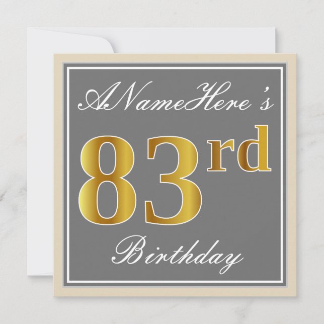 Elegant, Grey, Faux Gold 83rd Birthday + Name Invitation (Front)