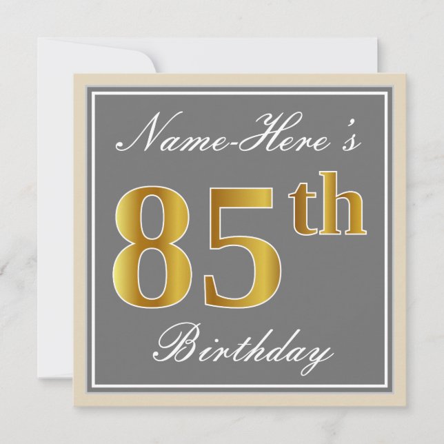 Elegant, Grey, Faux Gold 85th Birthday + Name Invitation (Front)