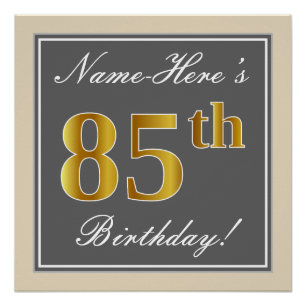 Elegant, Grey, Faux Gold 85th Birthday + Name Poster