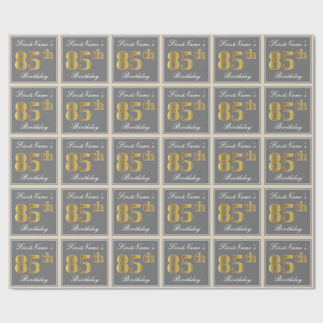 Elegant, Grey, Faux Gold 85th Birthday + Name Wrapping Paper (Flat)