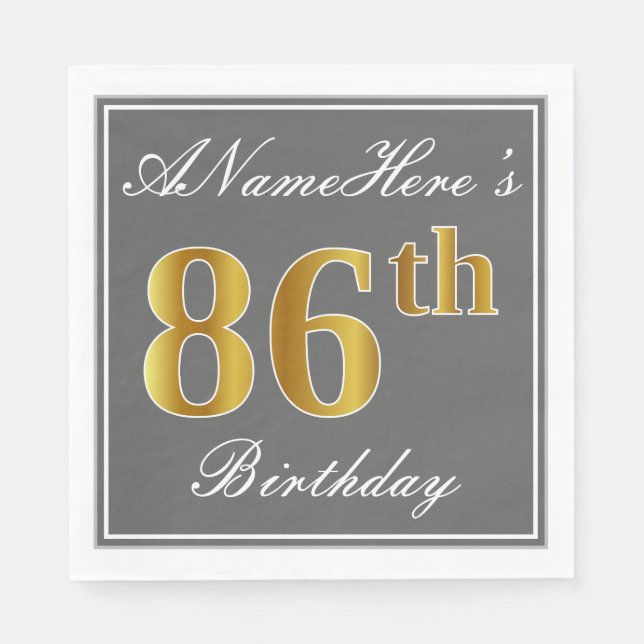 Elegant Grey, Faux Gold 86th Birthday; Custom Name Napkin (Front)