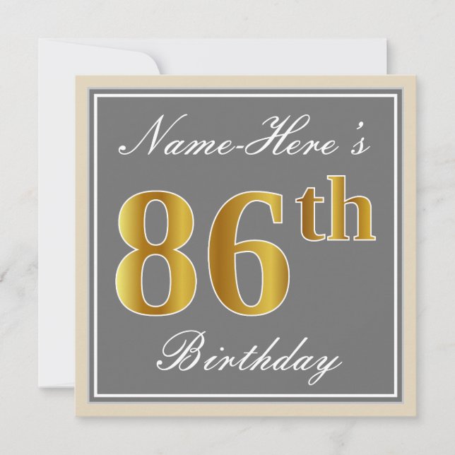 Elegant, Grey, Faux Gold 86th Birthday + Name Invitation (Front)