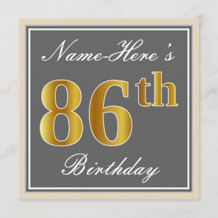 Elegant, Grey, Faux Gold 86th Birthday + Name Invitation
