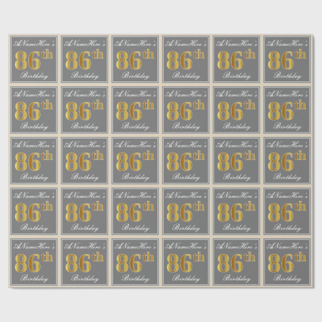 Elegant, Grey, Faux Gold 86th Birthday + Name Wrapping Paper (Flat)