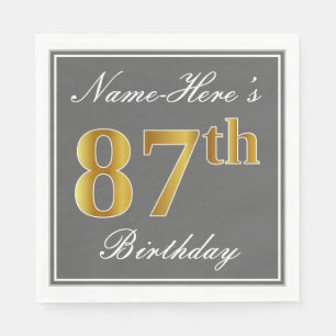 Elegant Grey, Faux Gold 87th Birthday; Custom Name Napkin