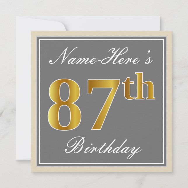Elegant, Grey, Faux Gold 87th Birthday + Name Invitation (Front)