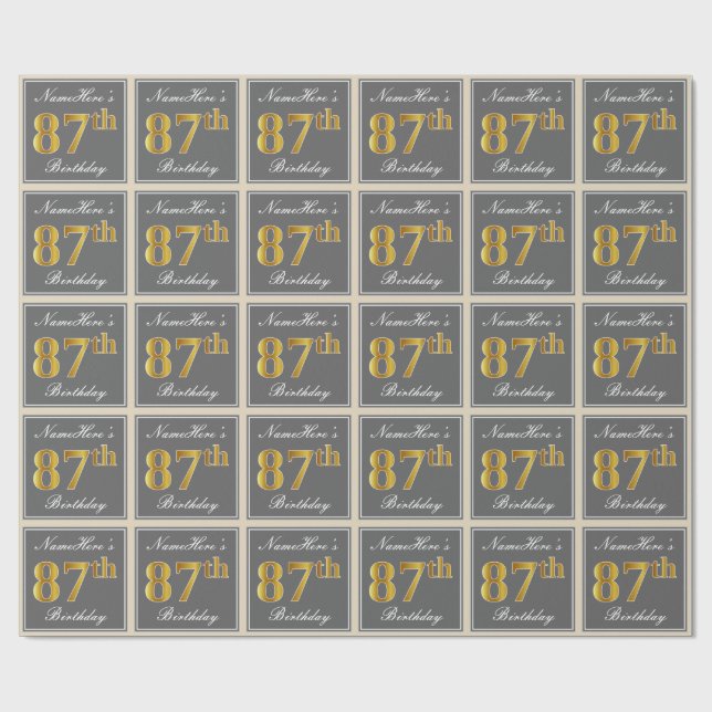 Elegant, Grey, Faux Gold 87th Birthday + Name Wrapping Paper (Flat)