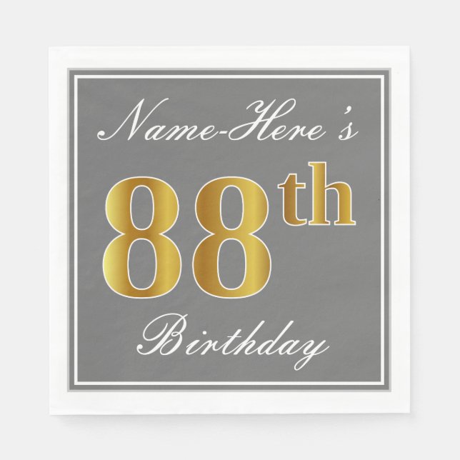 Elegant Grey, Faux Gold 88th Birthday; Custom Name Napkin (Front)