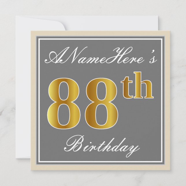 Elegant, Grey, Faux Gold 88th Birthday + Name Invitation (Front)