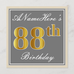 Elegant, Grey, Faux Gold 88th Birthday + Name Invitation