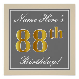 Elegant, Grey, Faux Gold 88th Birthday + Name Poster