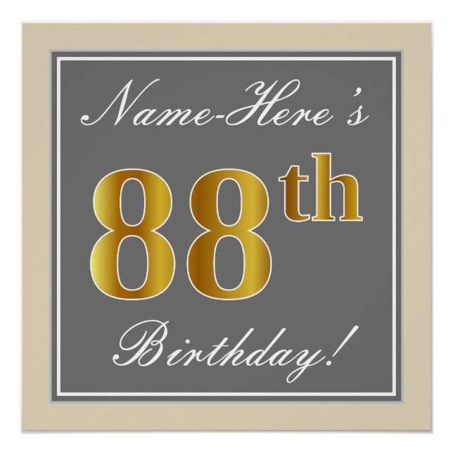 Elegant, Grey, Faux Gold 88th Birthday + Name Poster (Front)