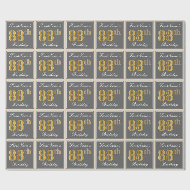 Elegant, Grey, Faux Gold 88th Birthday + Name Wrapping Paper (Flat)