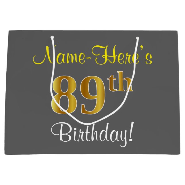 Elegant, Grey, Faux Gold 89th Birthday + Name Large Gift Bag (Front)