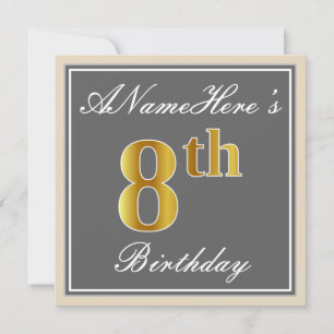 Elegant, Grey, Faux Gold 8th Birthday; Custom Name Invitation