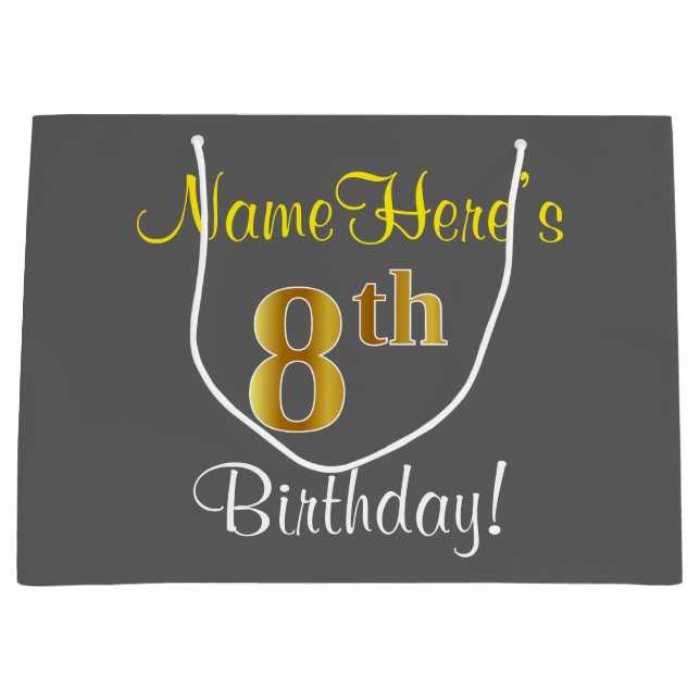 Elegant, Grey, Faux Gold 8th Birthday; Custom Name Large Gift Bag (Front)