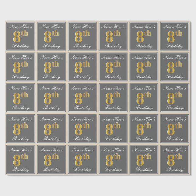 Elegant, Grey, Faux Gold 8th Birthday; Custom Name Wrapping Paper (Flat)