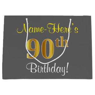 Elegant, Grey, Faux Gold 90th Birthday + Name Large Gift Bag