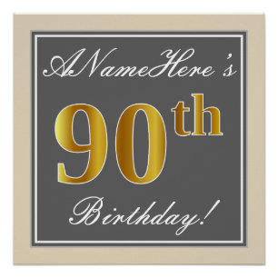 Elegant, Grey, Faux Gold 90th Birthday + Name Poster
