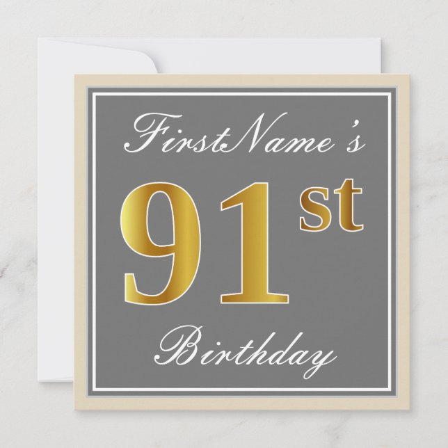 Elegant, Grey, Faux Gold 91st Birthday + Name Invitation (Front)