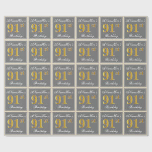 Elegant, Grey, Faux Gold 91st Birthday + Name Wrapping Paper