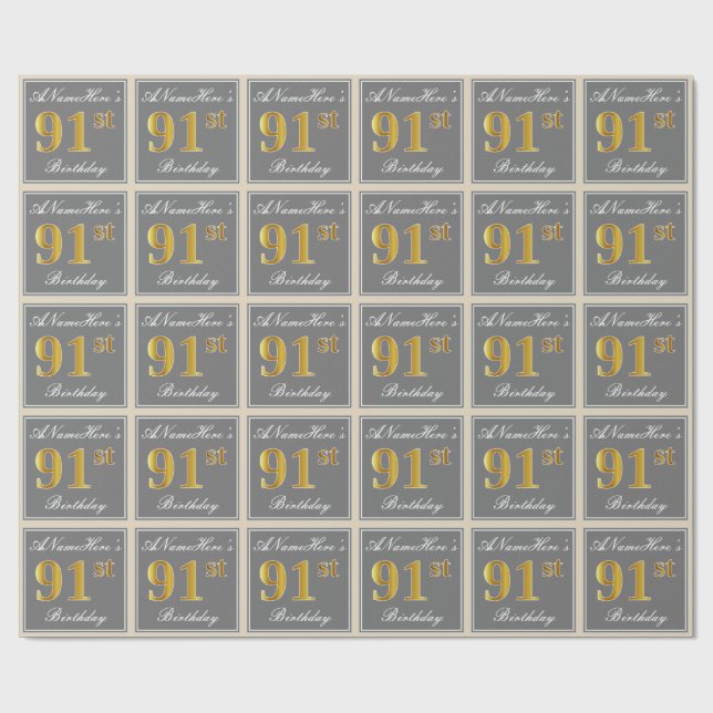 Elegant, Grey, Faux Gold 91st Birthday + Name Wrapping Paper (Flat)