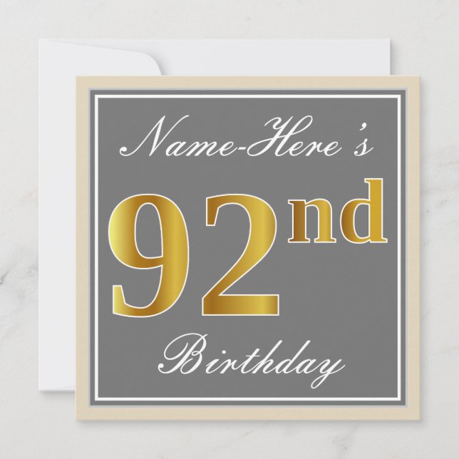 Elegant, Grey, Faux Gold 92nd Birthday + Name Invitation (Front)