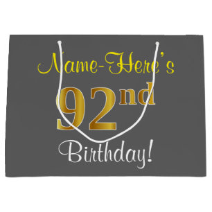 Elegant, Grey, Faux Gold 92nd Birthday + Name Large Gift Bag