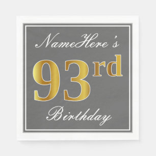 Elegant Grey, Faux Gold 93rd Birthday; Custom Name Napkin