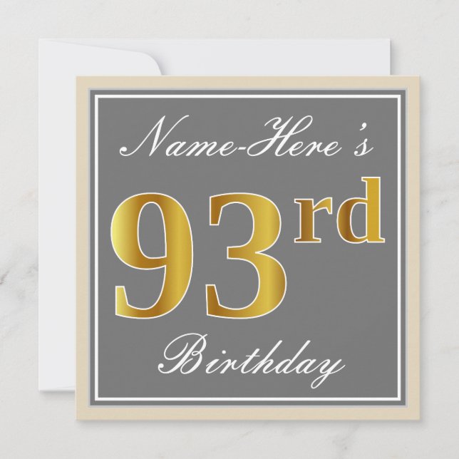 Elegant, Grey, Faux Gold 93rd Birthday + Name Invitation (Front)