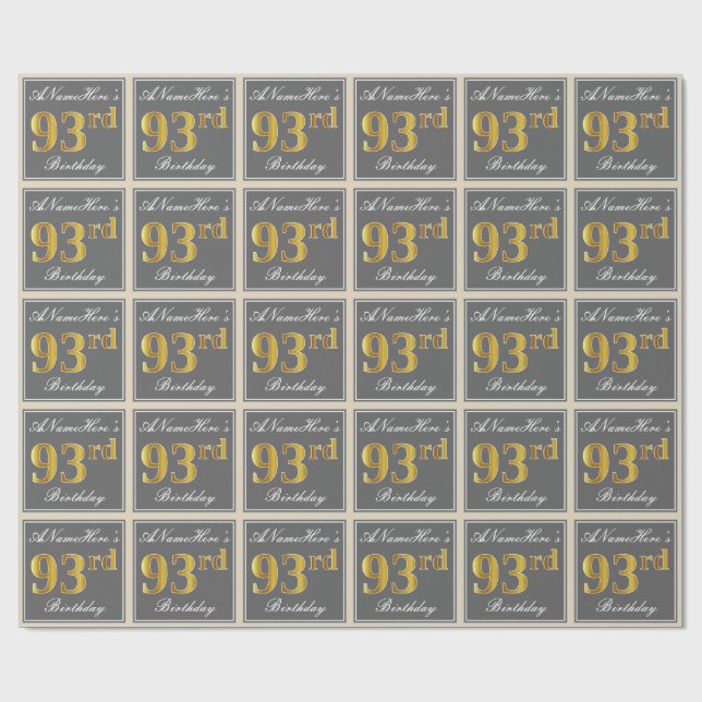 Elegant, Grey, Faux Gold 93rd Birthday + Name Wrapping Paper (Flat)