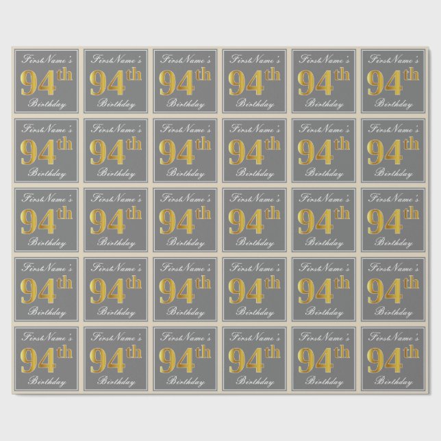 Elegant, Grey, Faux Gold 94th Birthday + Name Wrapping Paper (Flat)