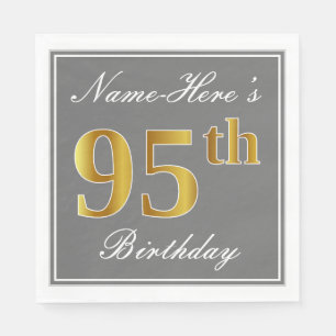 Elegant Grey, Faux Gold 95th Birthday; Custom Name Napkin