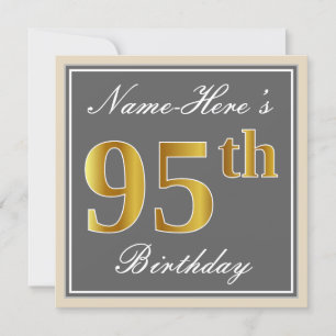 Elegant, Grey, Faux Gold 95th Birthday + Name Invitation