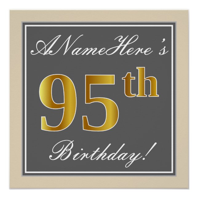 Elegant, Grey, Faux Gold 95th Birthday + Name Poster (Front)