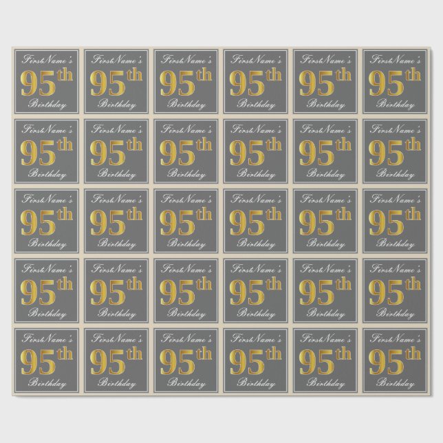 Elegant, Grey, Faux Gold 95th Birthday + Name Wrapping Paper (Flat)