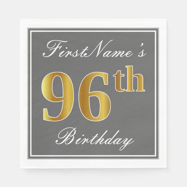 Elegant Grey, Faux Gold 96th Birthday; Custom Name Napkin (Front)