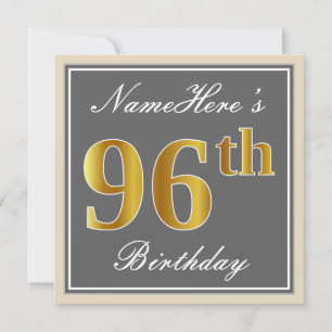 Elegant, Grey, Faux Gold 96th Birthday + Name Invitation