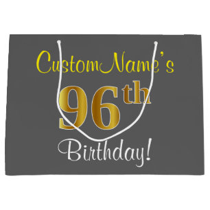 Elegant, Grey, Faux Gold 96th Birthday + Name Large Gift Bag