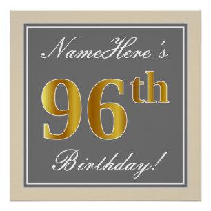 Elegant, Grey, Faux Gold 96th Birthday + Name Poster